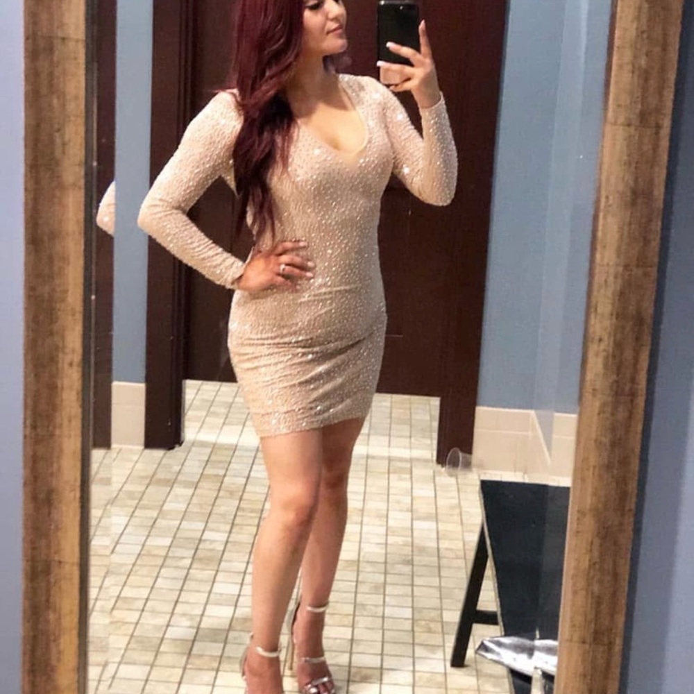Beige Long Sleeve Sequin Dress